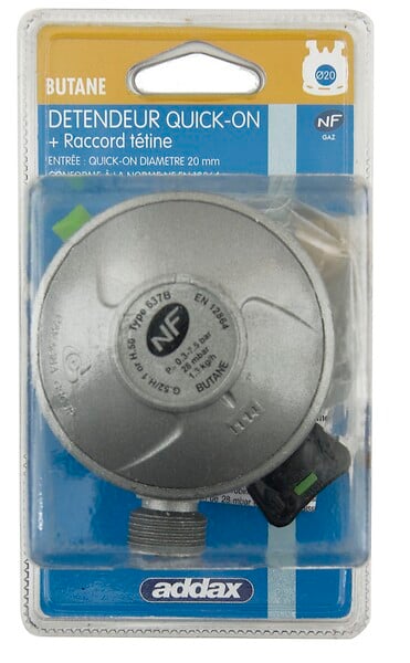 ADDAX - Détendeur QUICK ON butane 28mb + tétine d.20mm pour bouteille 6kg - large