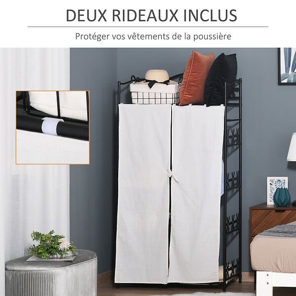 HOMCOM - Armoire penderie multi-rangement - 5 étagères - dim. 84L x 42l x 158,5H cm - métal noir motif fleurs 2 rideaux blanc - large