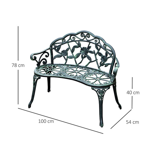 OUTSUNNY - Banc de jardin 2 places style néo-rétro motif rose lignes fuselées 100L x 54l x 78H cm fonte d'aluminium vert vieilli - large