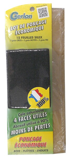 GERLON - Cale à poncer économique avec 15 feuilles abrasives silex - large