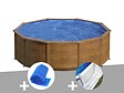 GRE - Kit piscine acier aspect bois Gré Sicilia ronde 4,80 x 1,22 m + Bâche à bulles + Tapis de sol - vignette
