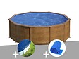 GRE - Kit piscine acier aspect bois Gré Sicilia ronde 4,80 x 1,22 m + Bâche hiver + Bâche à bulles - vignette