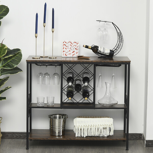 HOMCOM - Homcom Étagère Style Industriel Étagère Porte Bouteilles Casier À Vin 7 Bouteilles Support Verres À Vin Intégré 16 Max. Métal Noir Panneaux Particules Aspect Vieux Bois Veinage - large