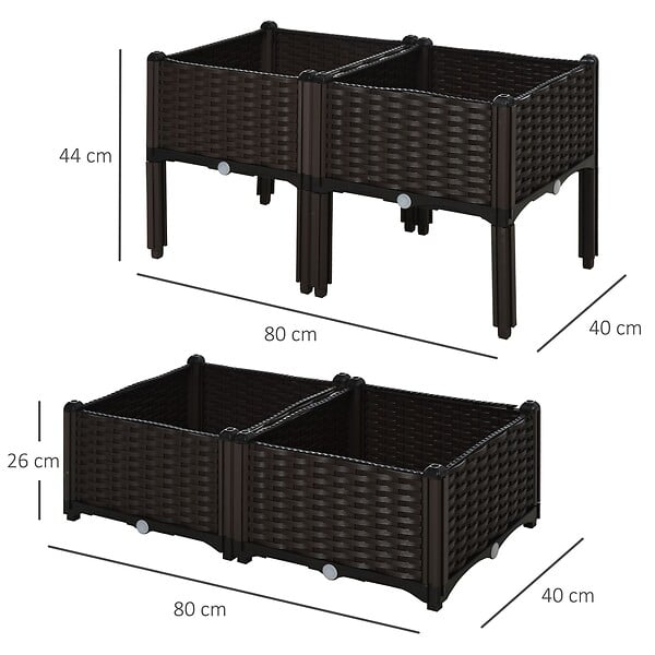 OUTSUNNY - Jardinière sur pieds carré potager 2 étages dim. 80L x 80l x 44H cm insert d'irrigation plastique imitation rotin tressé chocolat - large