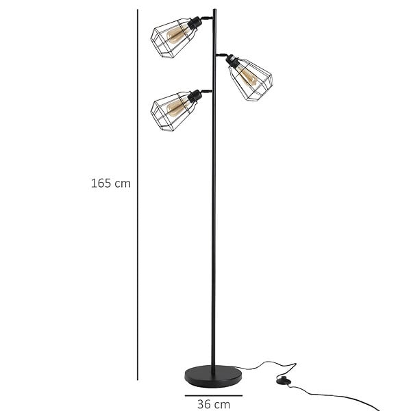 HOMCOM - Lampadaire design industriel 3 ampoules max. 40 W abat-jour cage métal noir - large