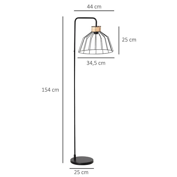 HOMCOM - Lampadaire design industriel grillagé et arqué 40 W max. métal noir rotin - large