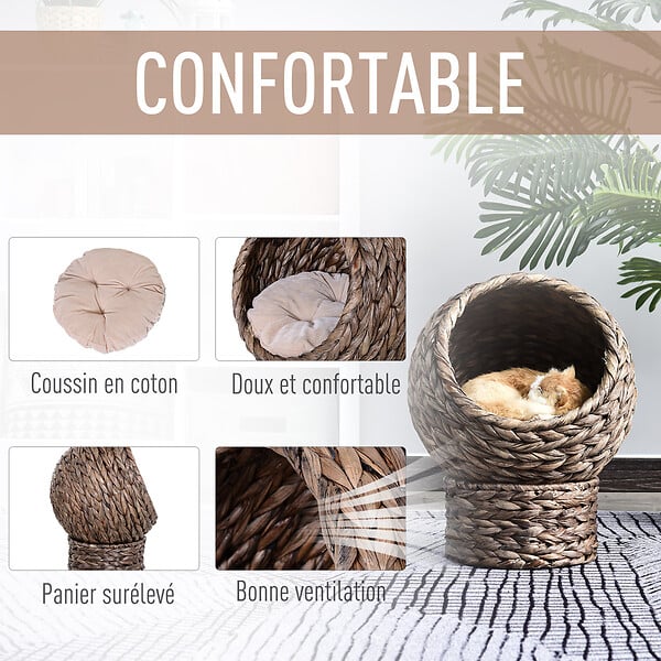 PAWHUT - PawHut Panier chat lit chat cosy grand confort dim. 42L x 33l x 52H cm coloris gris coussin moelleux beige inclus - large