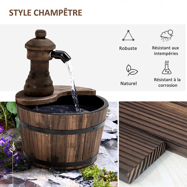 OUTSUNNY - Fontaine de jardin tonneau pompe à eau submersible incluse Ø 27 x 37H cm bois de pin marron - large