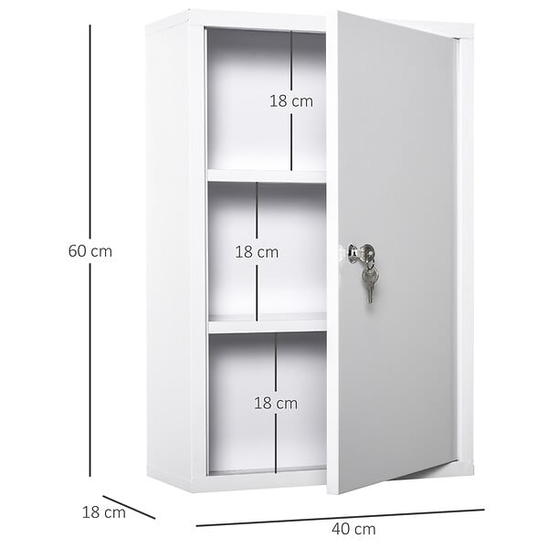KLEANKIN - Armoire à pharmacie 2 étagères 3 niveaux verrouillable dim. 40L x 18l x 60H cm 2 clés métal blanc - large