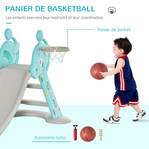 HOMCOM - Toboggan enfant avec panier de basket-ball usage intérieur et extérieur dim. 140 x 87 x 75 cm bleu et gris - large