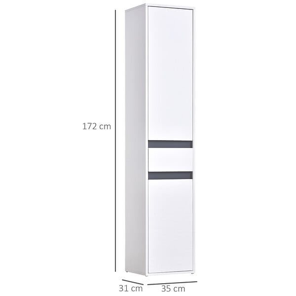 HOMCOM - Meuble colonne rangement salle de bain style contemporain 2 placards 3 étagères et tiroir coulissant panneaux particules blanc - large