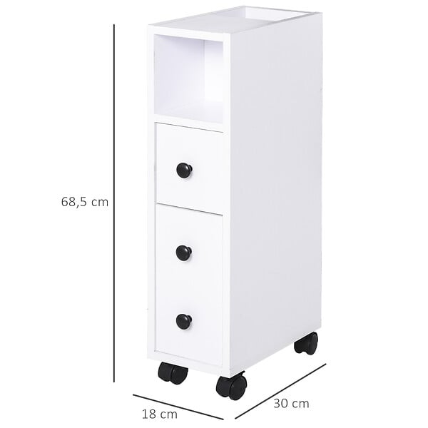 HOMCOM - Meuble bas colonne rangement salle de bain à roulettes blanc dim. 18L x 30l x 68,5H cm - large