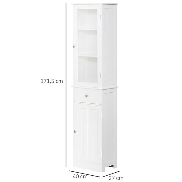 KLEANKIN - Meuble colonne de salle de bain placard porte acrylique 2 étagères placard porte 1 étagère tiroir MDF blanc - large