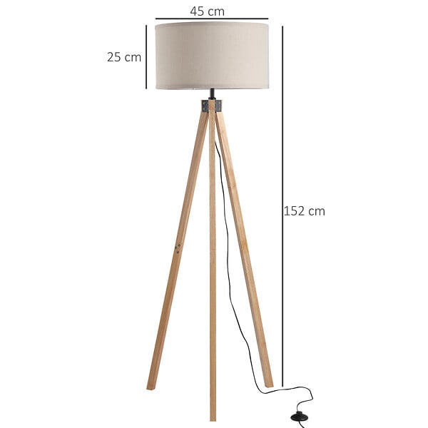 HOMCOM - Lampadaire trépied style scandinave 40 W max. dim. 45L x 45l x 152H cm bois de pin lin beige - large