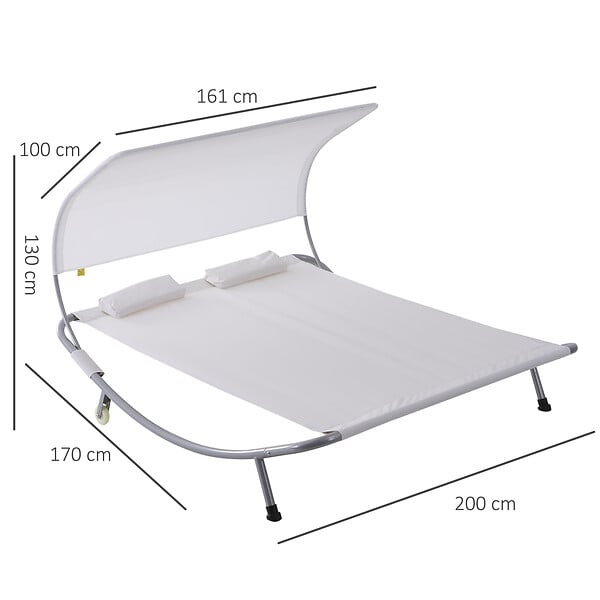OUTSUNNY - Bain de soleil 2 places lit de jardin design contemporain toit réglable 2 roulettes 2 oreillers acier époxy polyester crème - large