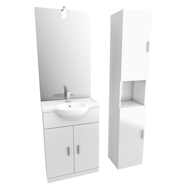 AURLANE - Ensemble de salle de bain blanc 60cm + vasque en céramique blanche + miroir LED + colonne 2 portes - large