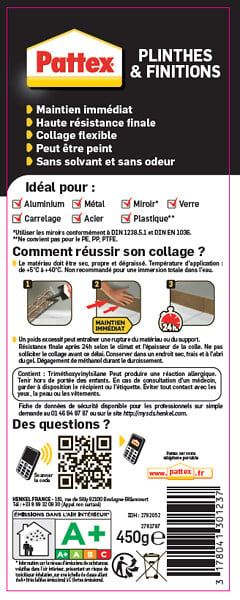 PATTEX - Colle fixation - Plinthes & finitions - Cartouche 450g - large