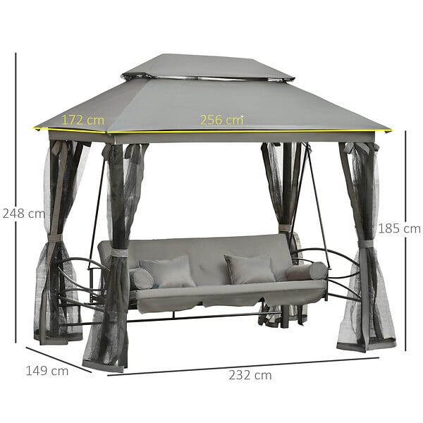 OUTSUNNY - Balancelle de jardin 3 places convertible style colonial grand confort 5 coussins + matelas + moustiquaires inclus 2,56L x 1,72l x 2,48H m gris - large
