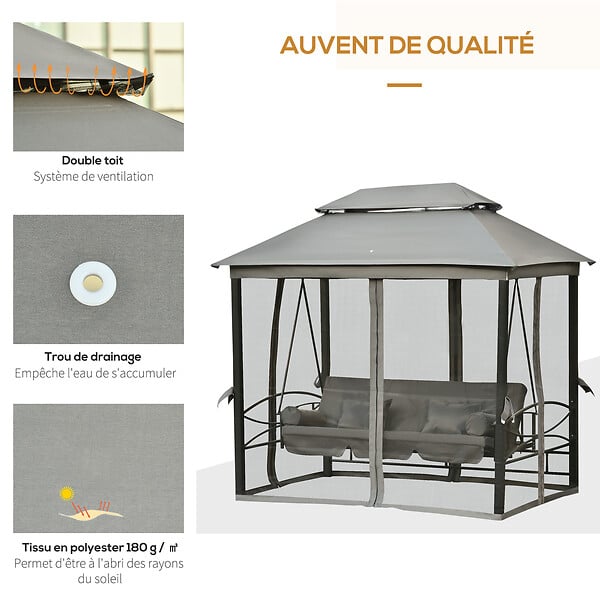 OUTSUNNY - Balancelle de jardin 3 places convertible style colonial grand confort 5 coussins + matelas + moustiquaires inclus 2,56L x 1,72l x 2,48H m gris - large
