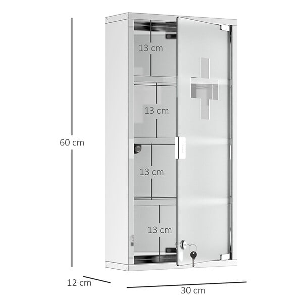HOMCOM - Armoire à pharmacie 3 étagères 4 niveaux 30L x 12l x 60H cm porte verre trempé symbole croix acier inoxydable brossé - large