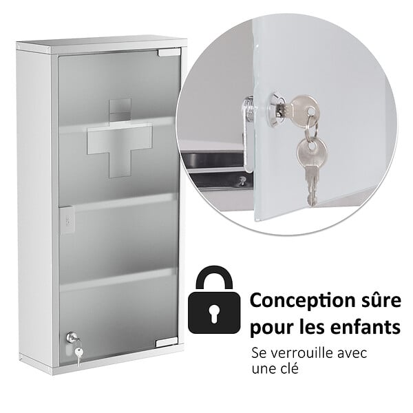 HOMCOM - Armoire à pharmacie 3 étagères 4 niveaux 30L x 12l x 60H cm porte verre trempé symbole croix acier inoxydable brossé - large