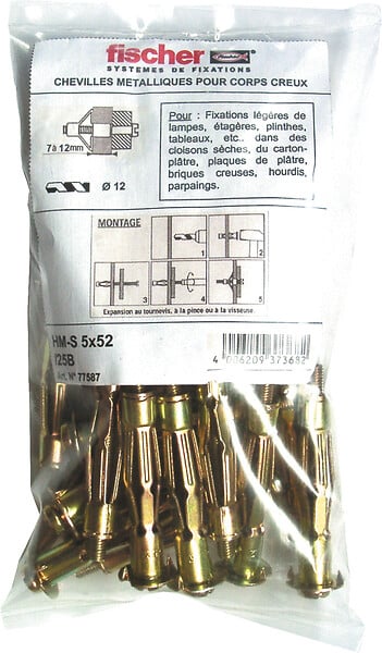 FISCHER - Cheville FISCHER HM-S pour corps creux 5 mm x 52 mm sachet de 25 - large