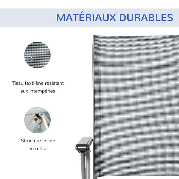 OUTSUNNY - Chaise longue pliable dossier & repose-pied réglable multi-positions métal époxy textilène gris - large