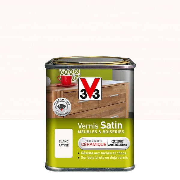 V33 BOIS - Vernis Meubles et Boiseries Satin Blanc patine 0.25L - large