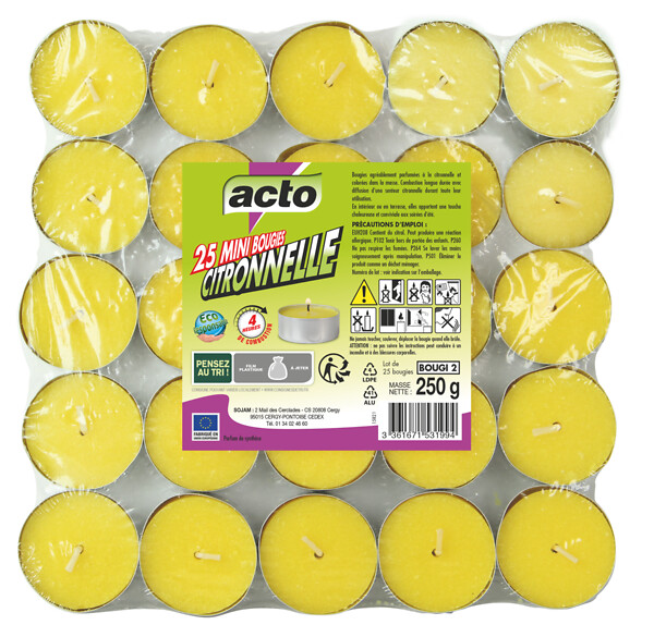 ACTO - Lot de 25 bougies parfum citronnelle - Jaune - 4h - large