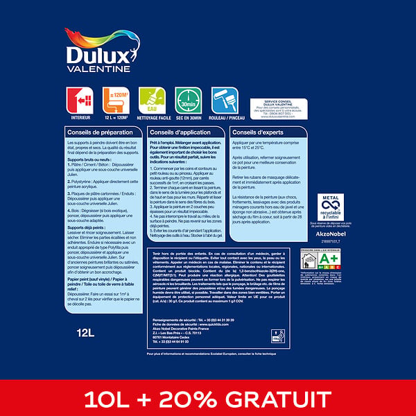 DULUX VALENTINE - Peinture Le Blanc Facile - Satin - 10L+20% - large