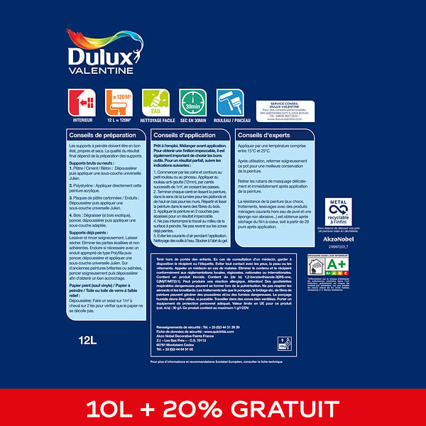DULUX VALENTINE - Peinture Le Blanc Facile - Velours - 10L+20% - large