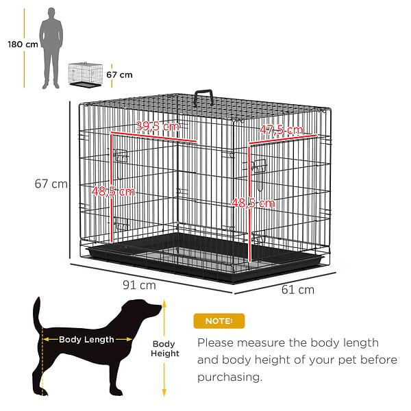 PAWHUT - Cage caisse de transport pliante pour chien en métal noir 91 x 61 x 67 cm - large
