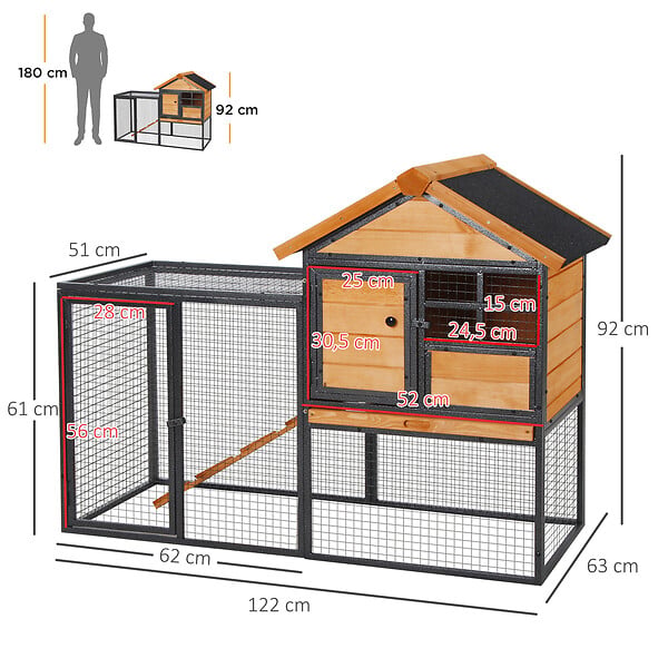 PAWHUT - Clapier cage à lapins cottage - niche supérieure avec rampe et enclos extérieur - plateau excrément, fenêtre, 2 portes verrouillables - métal époxy pin pré-huilé - large