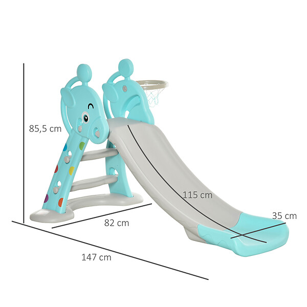 HOMCOM - Toboggan enfant avec panier de basket-ball usage intérieur et extérieur dim. 140 x 87 x 75 cm bleu et gris - large