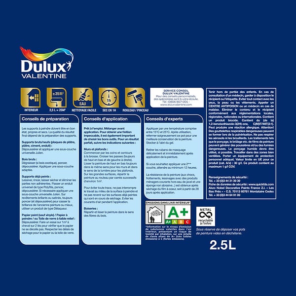 DULUX VALENTINE - Peinture murale acrylique Le Blanc Haute Résistance - Blanc - 2,5L - large