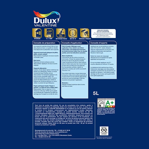 DULUX VALENTINE - Peinture velours - Le Blanc Haute Résistance - Blanc - 5L - large