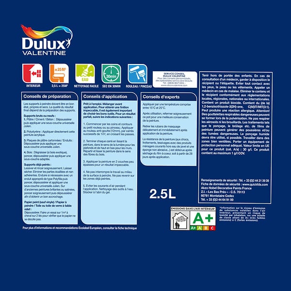 DULUX VALENTINE - Peinture mural Velours Blanc Facile - 2.5L - large