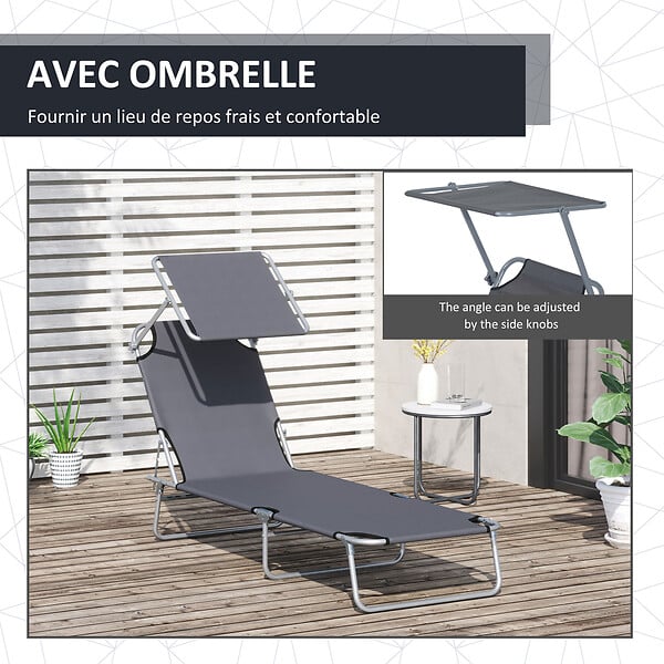 OUTSUNNY - Transat bain de soleil pliable grand confort dossier et pare-soleil réglable multi-positions gris - large
