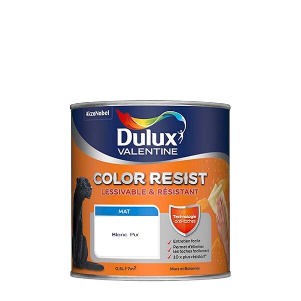 DULUX VALENTINE - Peinture mur et boiserie - Color Resist - Blanc Pur - 0,5L - large