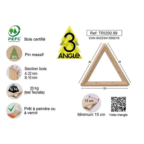 ASTIGARRAGA KIT LINE - Equerre d'étagère triangulaire en pin massif - 20x20x20 cm - large