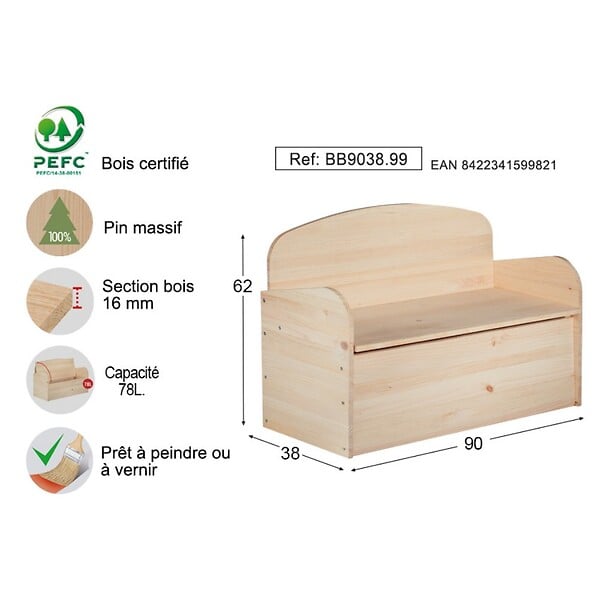 ASTIGARRAGA KIT LINE - Coffre de rangement Deco pin massif 90x62x38 cm - large
