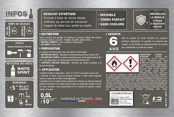 V33 PEINTURE - Vernis Métaux extérieur - Incolore mat - 0,5L - large