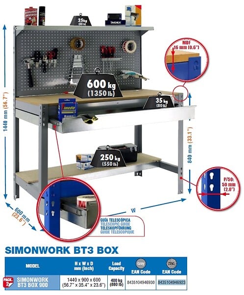 SIMON RACK - Simonrack - Kit Etabli 1440x900x600mm Charge 400kg -  Simonwork Bt3 Box 900 Galva/bois - large