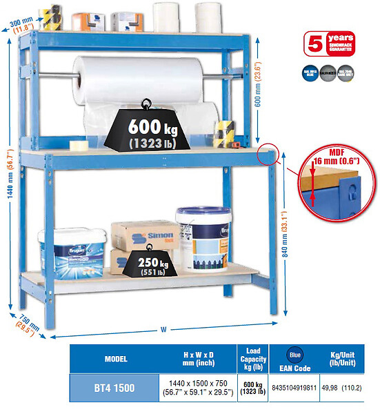 SIMON RACK - Simonrack - Kit Etabli 1440x1500x750mm - Bt-4 1500 Bleu/bois - large