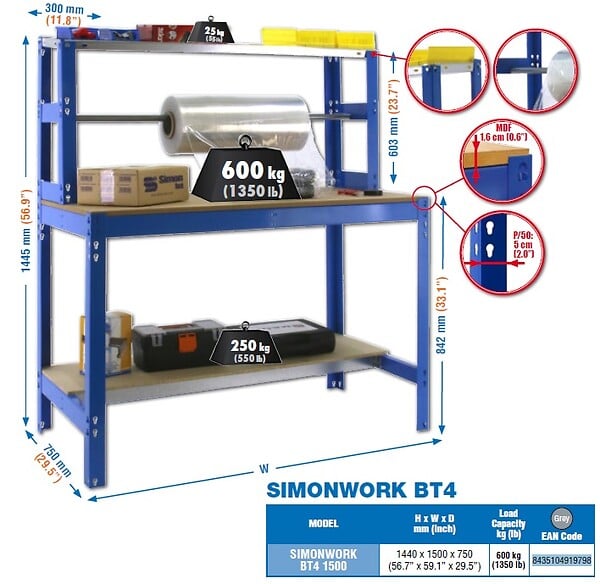 SIMON RACK - Simonrack - Kit Etabli 1440x1500x750mm Charge 600kg -  Simonwork Bt4 1500 Gris Fonce - large