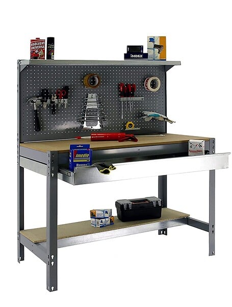 SIMON RACK - établi d'atelier métallique complet SimonRack Simonwork BT3 BOX 1500 gris/bois 1445x1510x610mm, panneau perforé, étagères, large tiroir, charge 600kg SIMONRACK - large