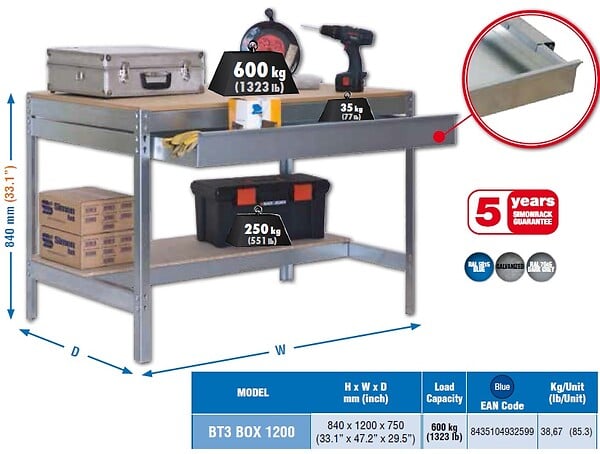 SIMON RACK - Simonrack - Kit Etabli Avec Tiroir 840x1500x750mm - Bt-0 Box 1500 Bleu/bois - large