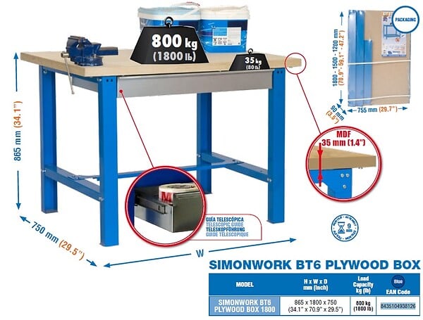 SIMON RACK - Simonrack - Etabli 865x1800x750mm Bleu - Bt6 Plywood Box 1800 - large