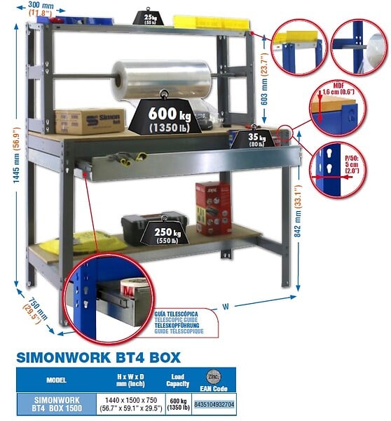 SIMON RACK - Simonrack - Kit Etabli 1440x1500x750mm Charge 600kg -  Simonwork Bt4 Box 1500 Galva - large