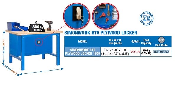 SIMON RACK - Simonrack - Etabli Avec Porte Verrouillable 865x1200x750mm Gris - Plywood Locker 1200 - large